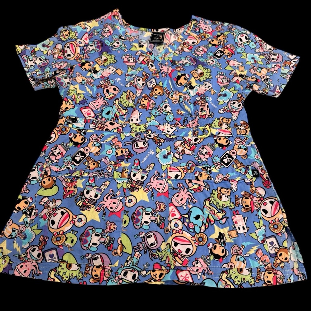 TOKIDOKI Japan Theme Blue Scrub Top, Sz XS - Picture 6 of 9